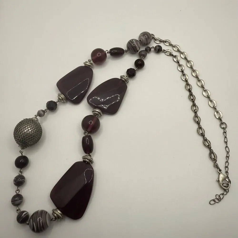 Purple Beaded Necklace Silver Tone Asymmetrical Adjustable 27-30”